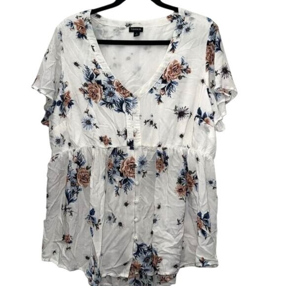 Torrid Floral Print Short Sleeve Peplum Blouse Size 2 White & Blue Rayon - Picture 3 of 7